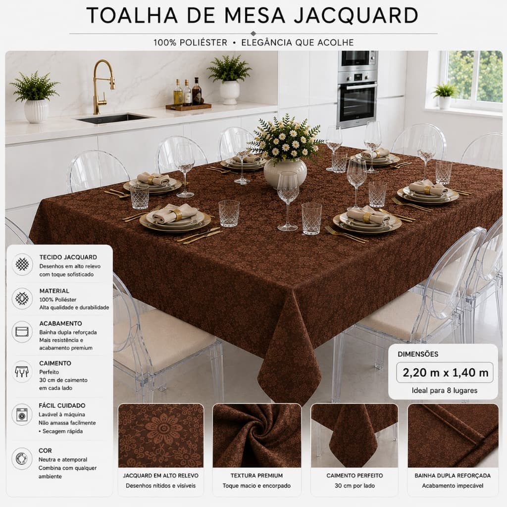 Toalha de Mesa Jacquard Luxo 2,20x1,40 Elegante Mesa Posta Retangular
