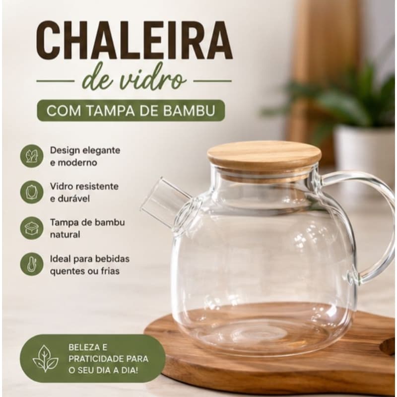 Chaleira de Vidro Tampa Bambu Inox Transparente Infusão Chá Cozinha Bule Recipiente Decorativa Mesa