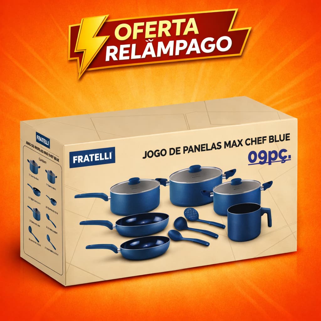 Jogo de Panelas Revestimento Cerâmico Antiaderente 9 Peças - Azul Max Chef Blue