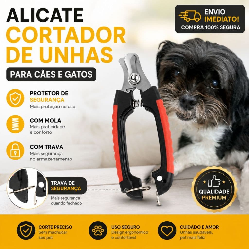 Alicate Cortador De Unhas Para Cães E Gatos Pet Com Trava Segurança Profissional Resistente E Ful