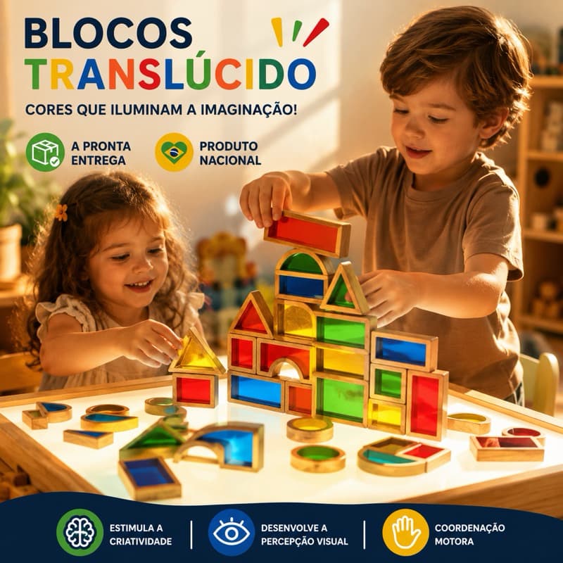 Brinquedo Educativo Montessori 25 Blocos Translúcidos Madeira Premium Colorido - Criatividade e Luz