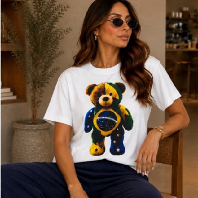 Camiseta Feminina Urso bandeira Brasil Estiloso Premium Oversized Tendência 2026
