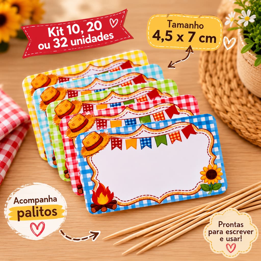 kit Plaquinhas Festa Junina para Comidas Típicas 10, 20 ,32 Unidades -Decoração Arraiá -Mesa Junina -São João -Plaquinha