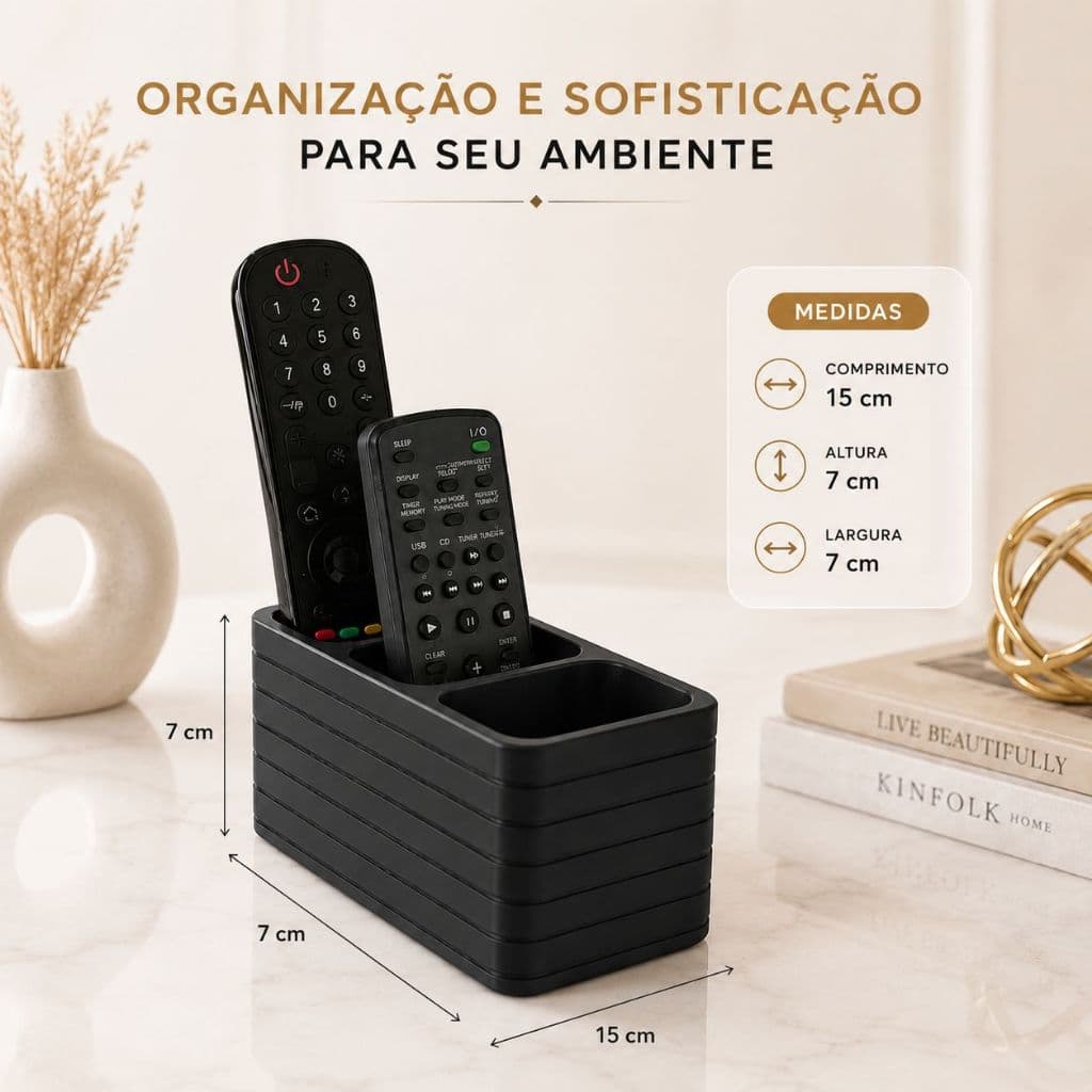 Porta Controle Remoto Organizador 3 Compartimentos TV Ar Condicionado Mesa Sala Design Moderno Preto Branco Cinza