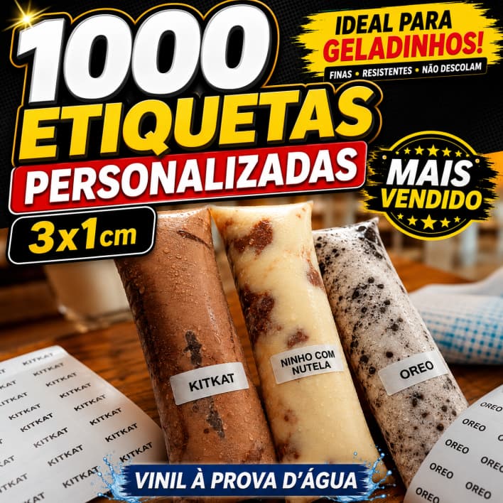 Kit 1000 Adesivos de Sabor para Geladinho Gourmet Chup Chup Sacolé Dindin | Etiquetas Vinil 3x1cm à Prova D'Água Premium