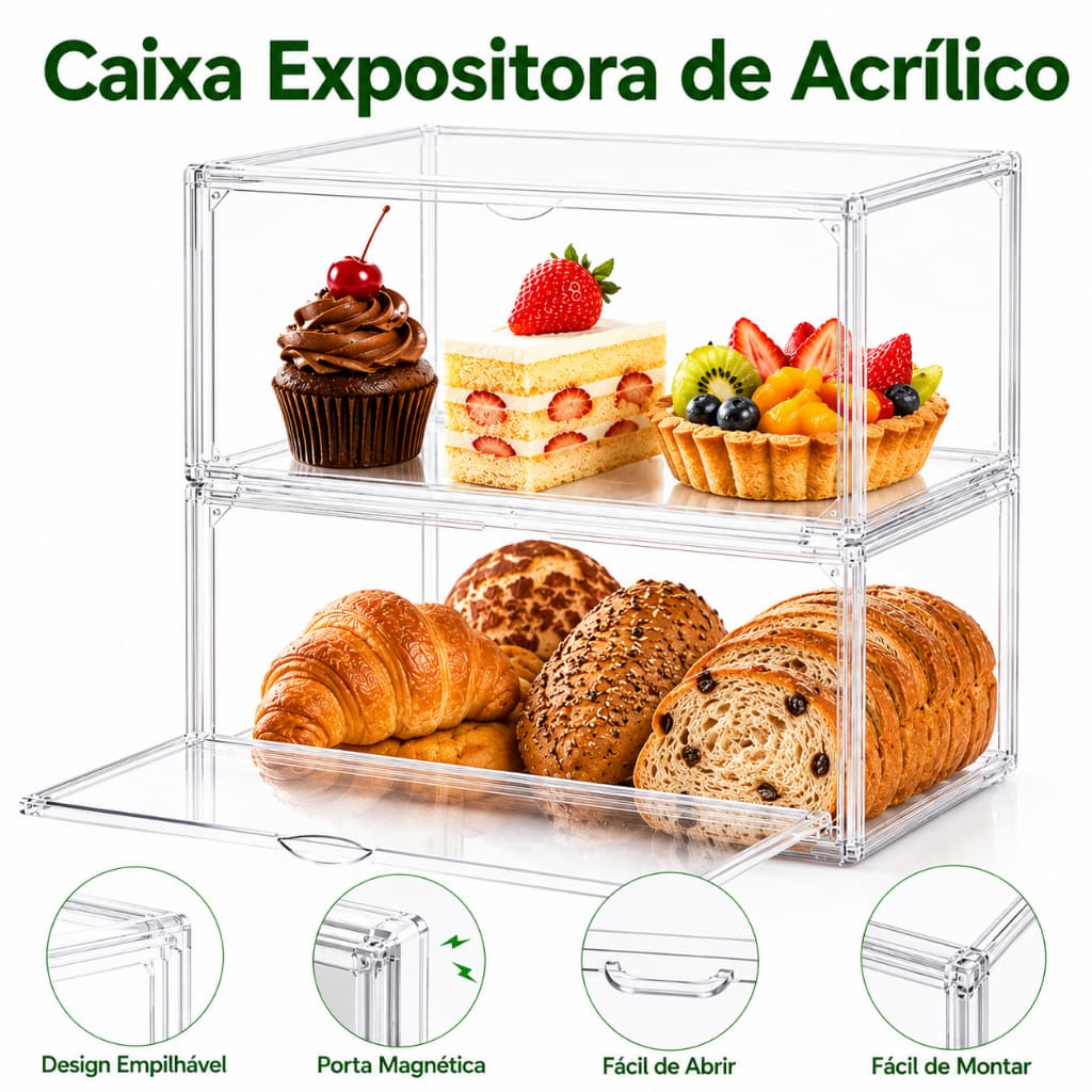 Caixa de Exibição Acrílica para Torradas com Suporte Ajustável Tampa Magnética e Proteção