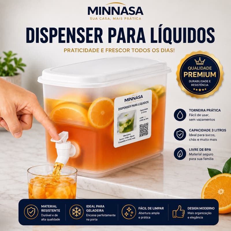 Suqueira 3L Com Torneira Dispenser De Bebidas Geladeira Tampa Vedação Bpa Free