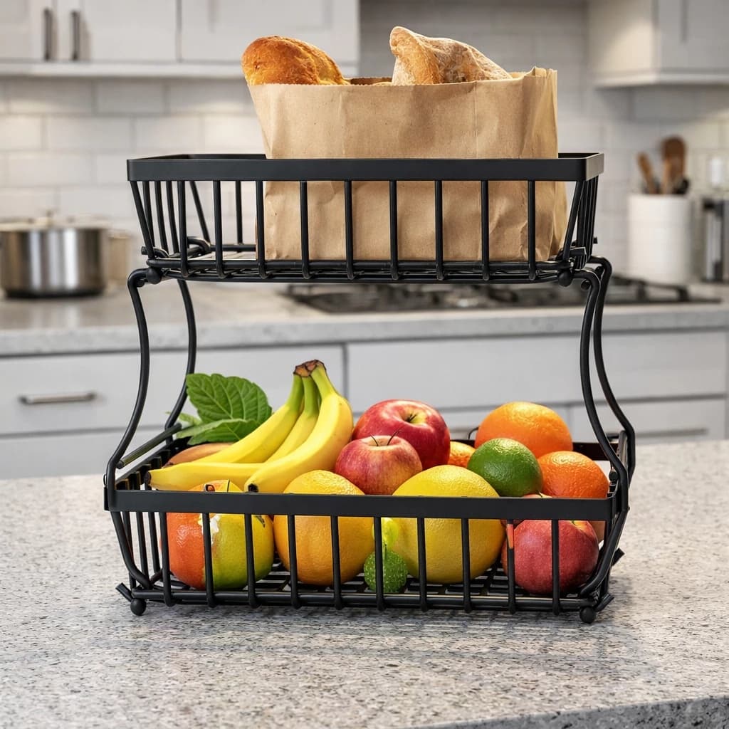 Fruteira Metálica Organizador 2 Andares Preto Cesto Frutas Verduras Cozinha Decoração Elegante