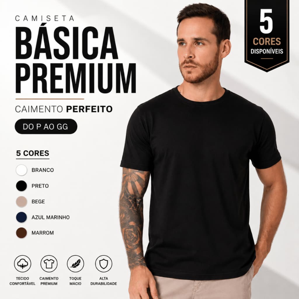 Camiseta Básica Masculina Premium Lisa AlgodãoCamisa Casual Manga Curta