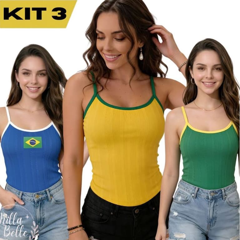 Kit 3 ou 2 Regatas Femininas Brasil Com Bojo Canelada Estampada Blusa Feminina Alta Qualidade