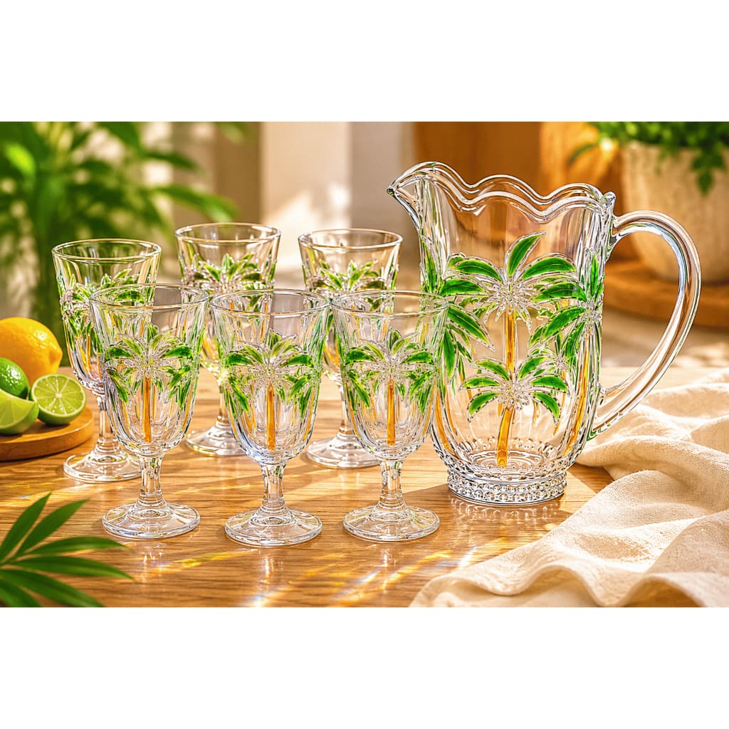 Jogo Jarra De Vidro 1,5L Com 6 Taças Palmer Água Suco Drinks Mesa Posta Conjunto Elegante