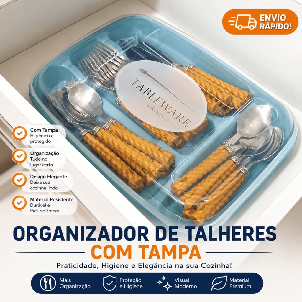 Organizador Porta Talheres para Gaveta com 4 Divisórias Com Tampa