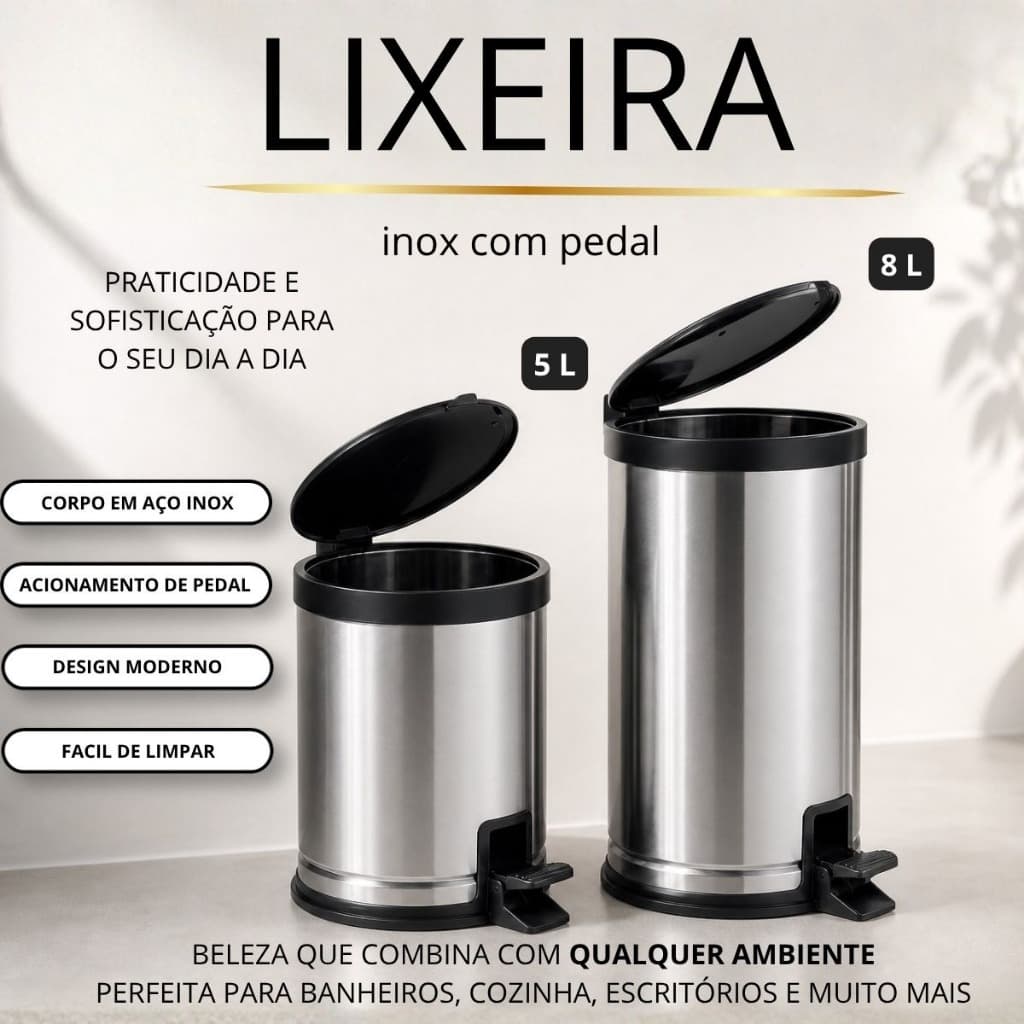 Lixeira Inox com Pedal 5L e 8 L para Banheiro Cozinha Lavabo e Escritório