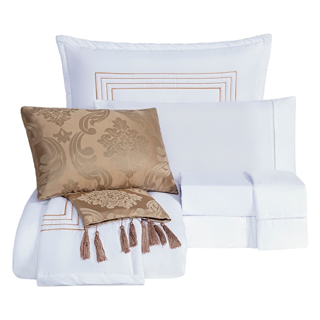 Kit Cama Enxoval Londres Casal Padrão 9 Peças Bordado Dupla Face