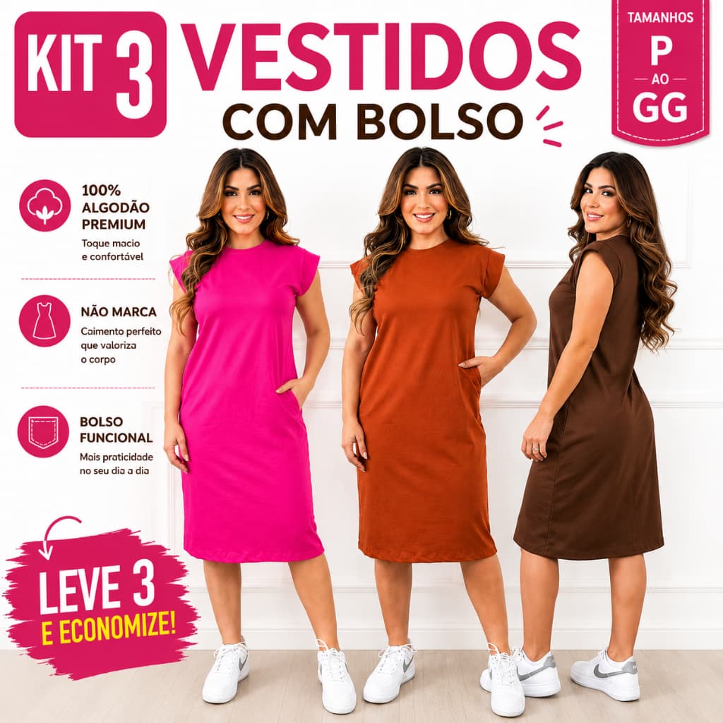 Kit 3 Vestidos Midi Feminino Algodão Premium Casual Confortável Moda Evangélica Com Bolso