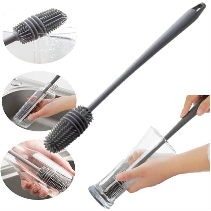 Escova de Silicone  para Lavar Garrafa Térmica Copo Taça Mamadeira – Cabo Longo Flexível – Limpeza Interna Profunda
