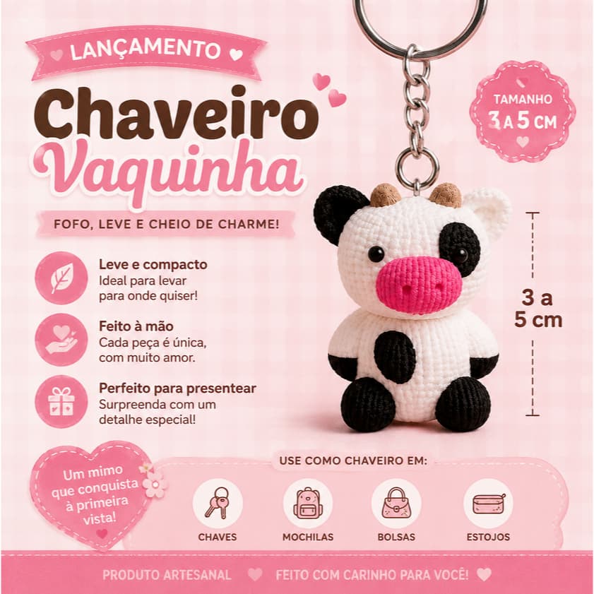 Kit  Chaveiros 10 a 40 de 3 a 5cm Vaquinhas Decorativas Efeito Tricô 3D | Colecionáveis | Brinquedos | Lembrancinhas