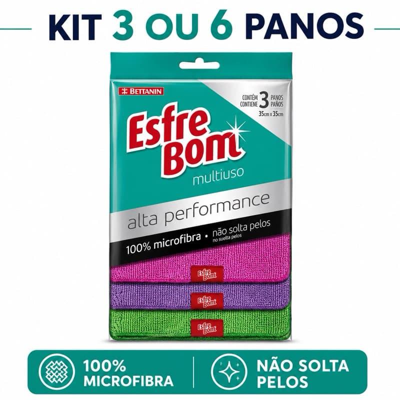 Pano Multiuso Microfibra EsfreBom Bettanin Alta Performance 35x35 Não Solta Pelos Kit 3 ou 6 Panos