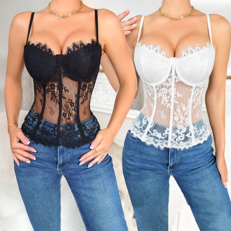 Corset Rendado com Barbatanas Branco Preto Bustier Top Corset Cropped Espartilho com Alça