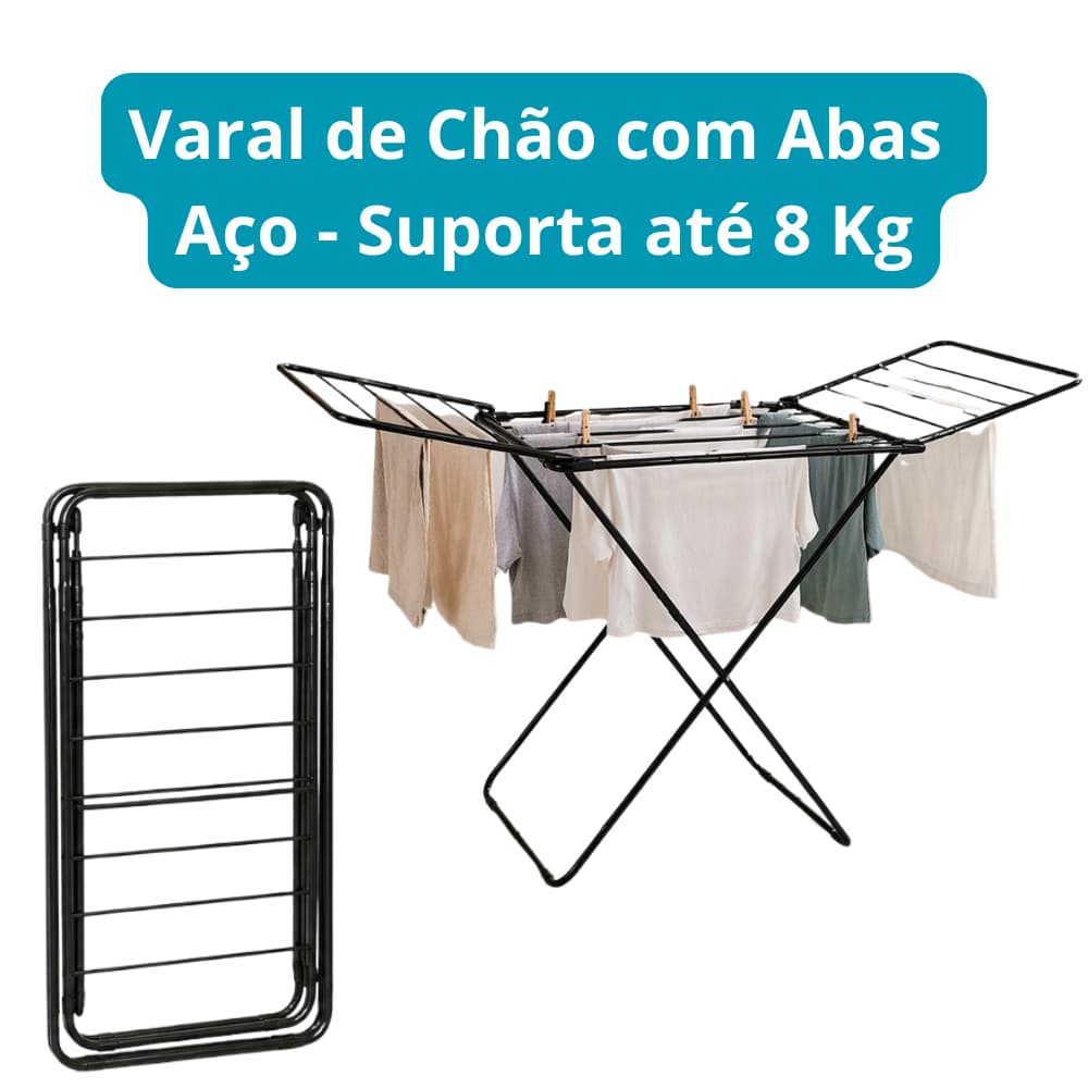 Varal de Chão com Abas Retrátil em Aço, Preto, Suporta até 8kg: Secador prático e útil