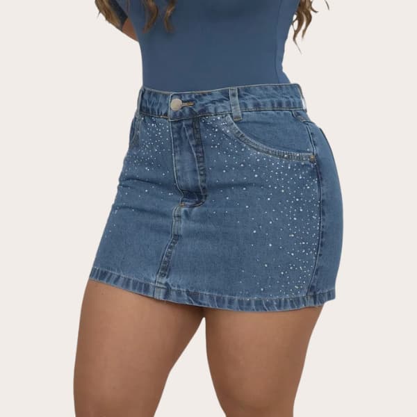 Saia Jeans Feminina Curta Brilho Strass Sofisticado Cintira Alta Bolsos Frontais Estilo Moderno