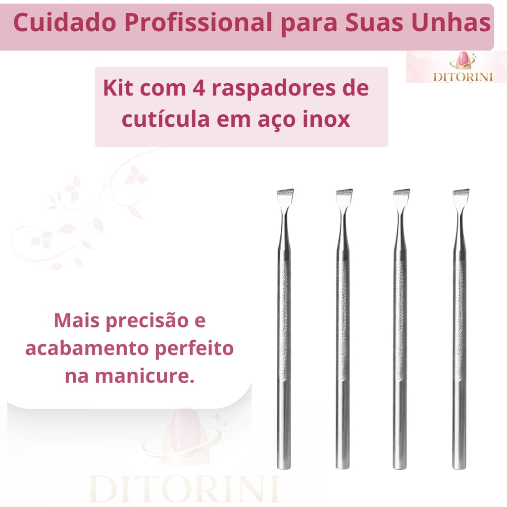 Raspador de Cutícula Profissional Kit 4 Peças Aço Inox 420 Esterilizável Manicure