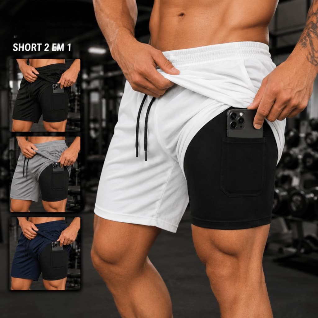 Short 2 em 1 Masculino Academia Treino Dry Fit com Elastano - Bermudas Masculinas 2 em 1 Academia com Bolso Interno