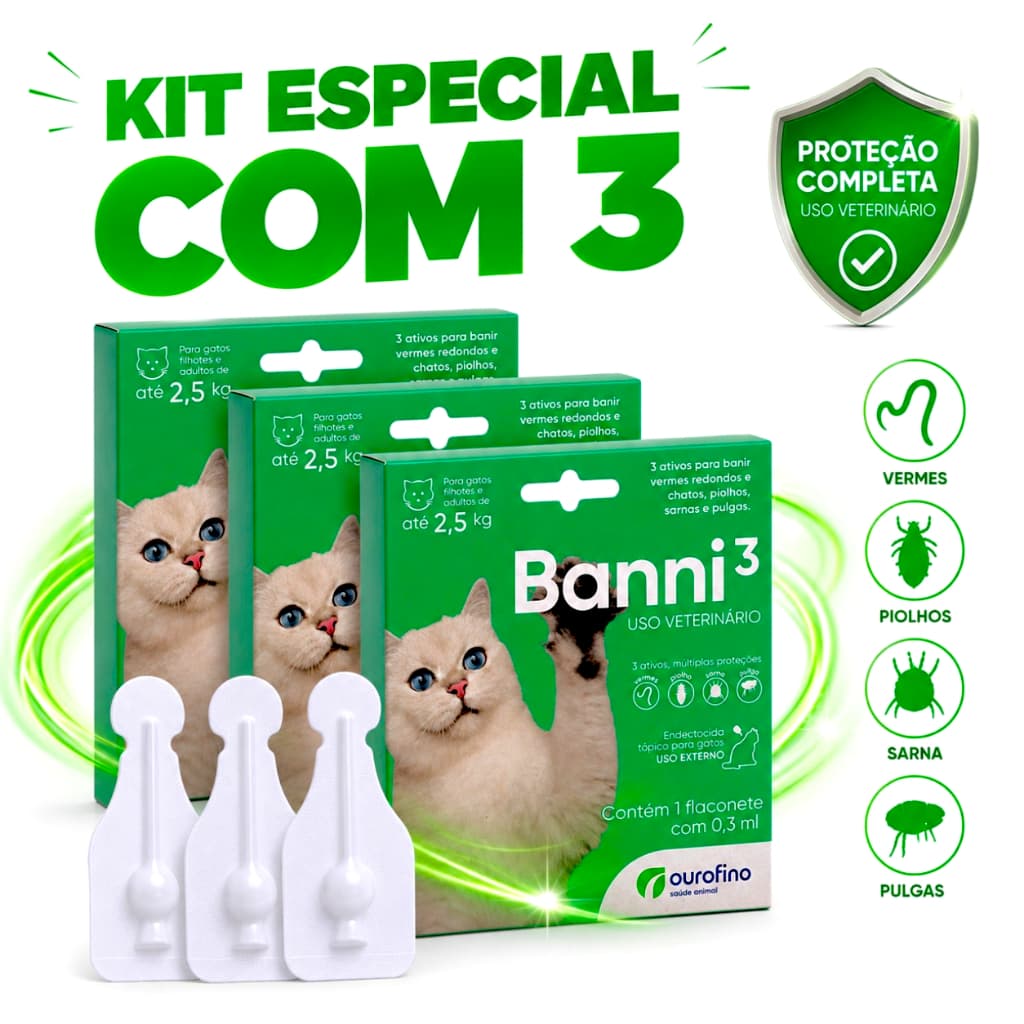 Kit 3 antipulgas Banni 3 gatos até 2,5kg Ourofino 0,3ml pulga verme sarna piolho V= SET/2026