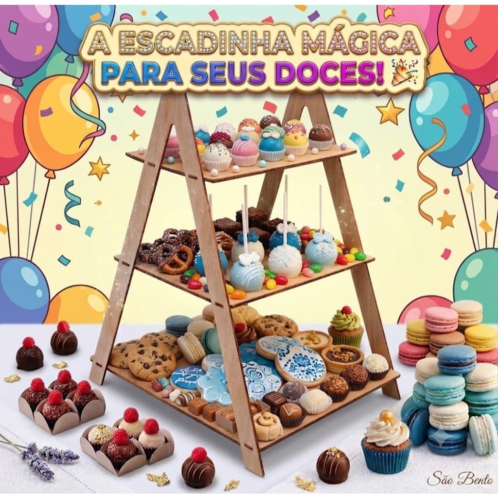 Escadinha MDF 3 Andares Desmontável – Porta Doces Decoração de Festa e Casamento