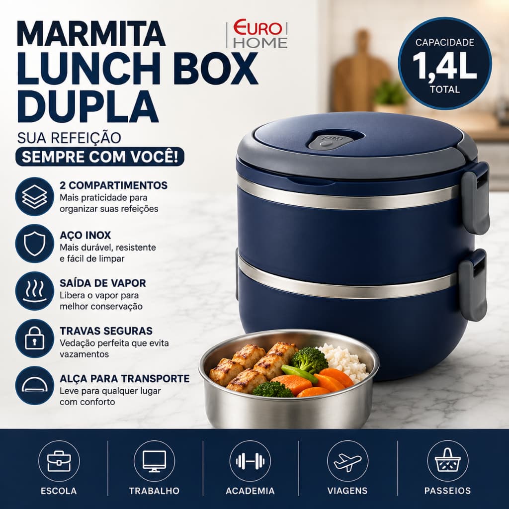Marmita Térmica Dupla 1,4 Litros Lunch Box Azul Euro Home - Almoço Janta Refeição Completa Casa
