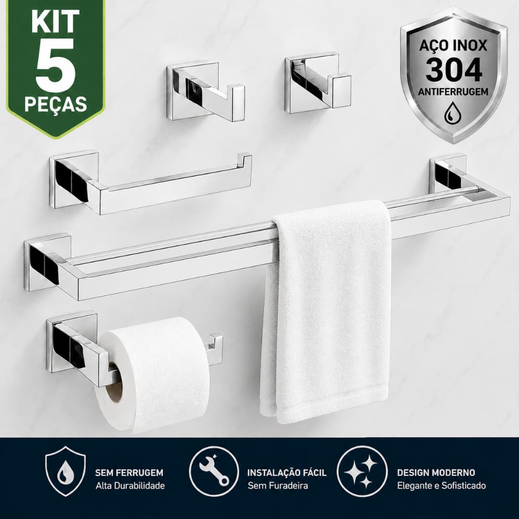 Kit Banheiro 5 Peças Inox 304 Toalheiro Duplo 60cm Premium Cromado