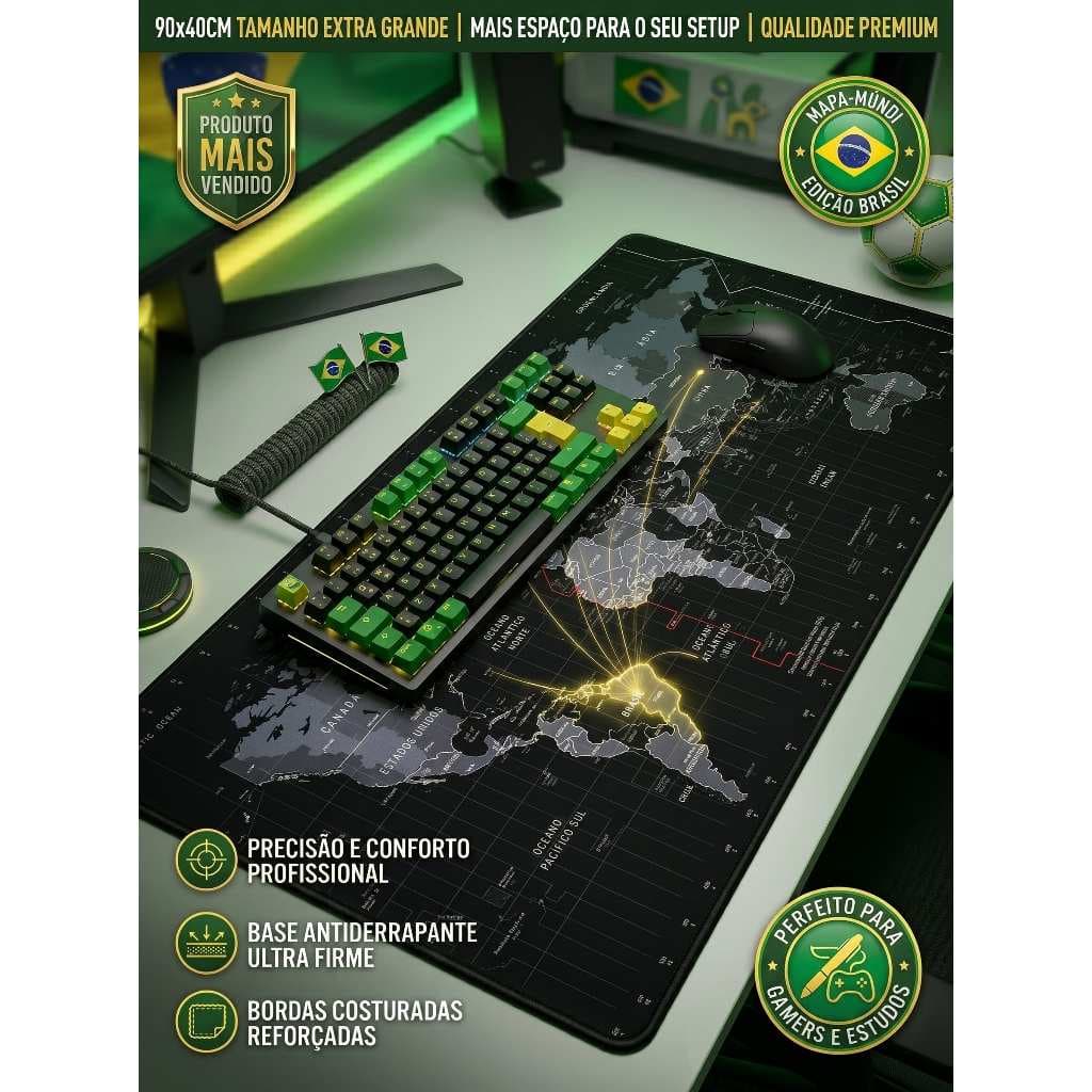 Mousepad MAPA COPA DO MUNDO BRASIL 90x40cm Extra Grande Aportex Antiderrapante