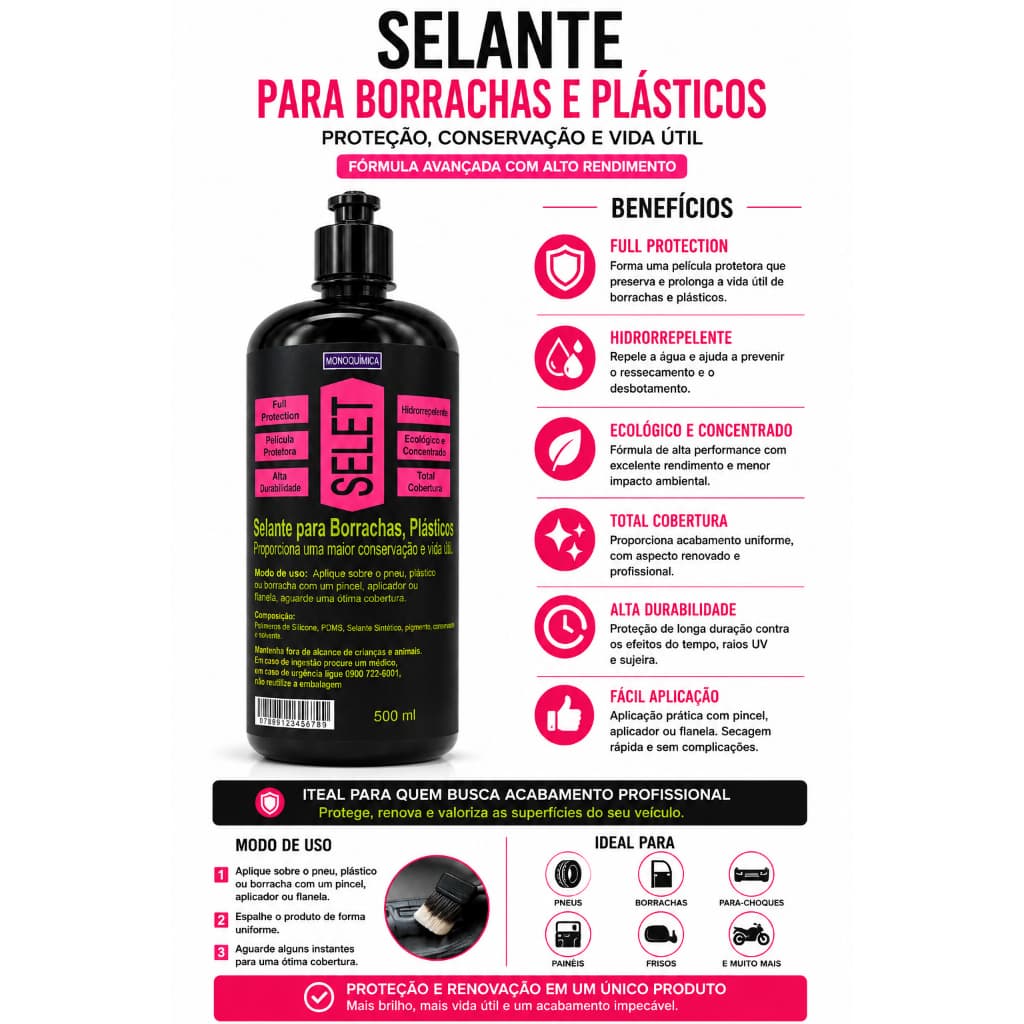 Selante para Borrachas Plásticos e Pneus 500ml Hidrorrepelente Alta Durabilidade