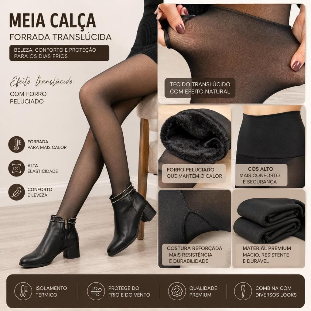 Kit 2 UnidadesMeia Calça Térmica Com Forro de Pelúcia Preto Translúcido Tam Unico