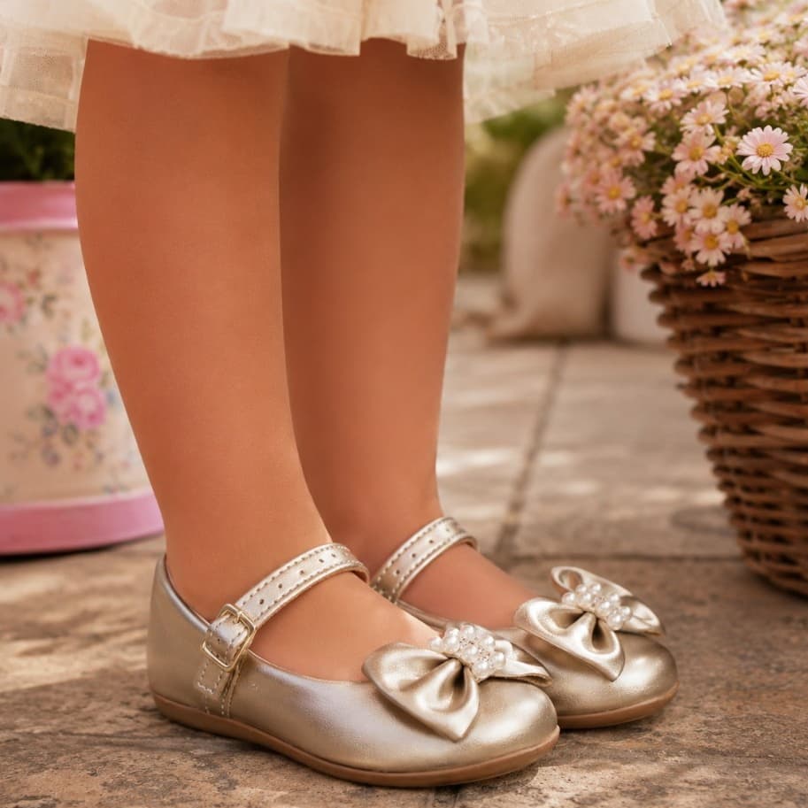 Sapatilha infantil Menina Metalizada Laço com Pérolas Luxo Festa Antiderrapante