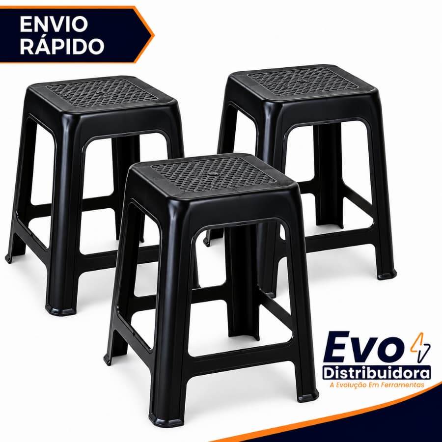 Banqueta Preta De Plástico Resistente Reforçada Adulto Suporta Até 120kg