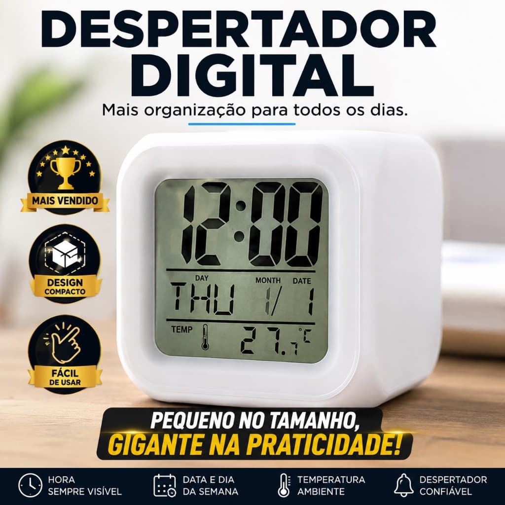 Relógio Despertador Digital LED com Alarme, Data, Temperatura e Luz Noturna | Display Grande