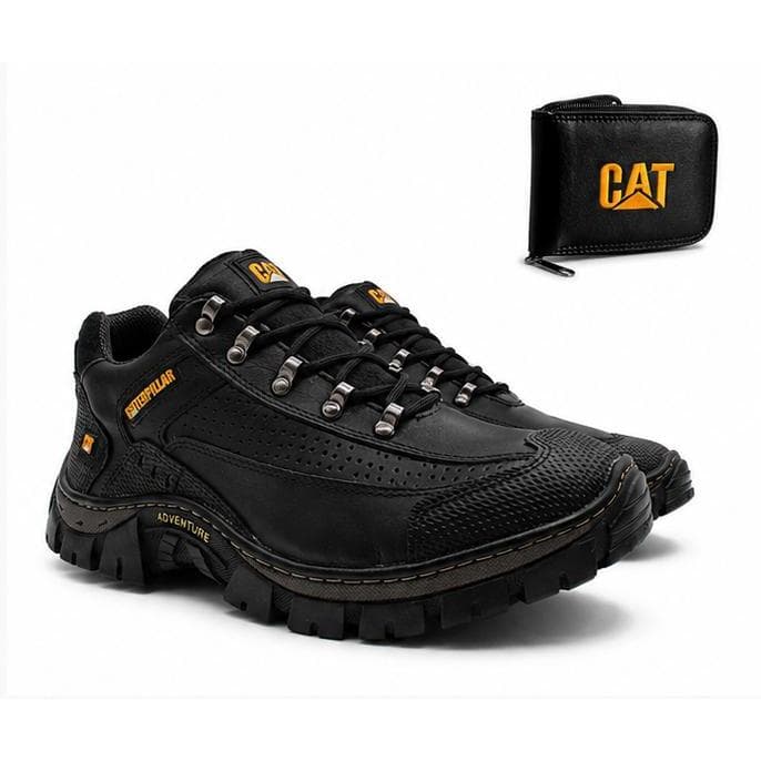 Tenis Caterpillar Couro Bovino + Carteira sapato Cano Baixo Tênis Conforto Solado Borracha