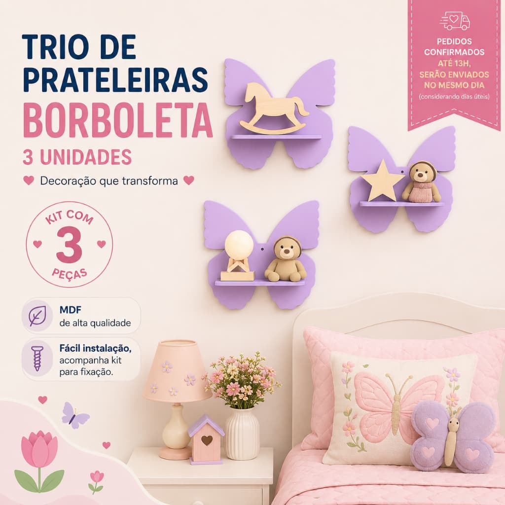 Trio de prateleiras de borboleta em mdf decoração infantil kit 3 prateleiras borboleta