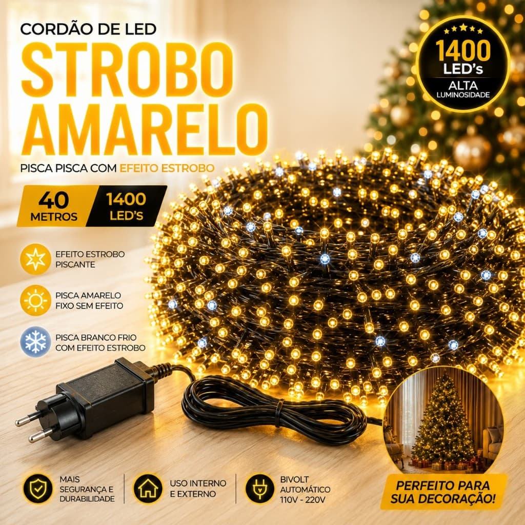 Cordao Led Strobo Pisca Pisca 1400 Leds 40m Prova D'água Bivolts