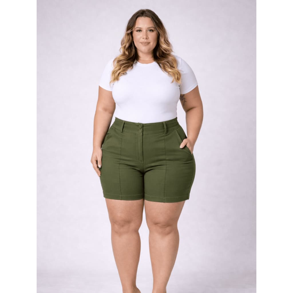 Shorts Social Plus Size Feminina Com 2 Botões Cintura Alta Alfaiataria Tecido Bengaline 42 ao 52