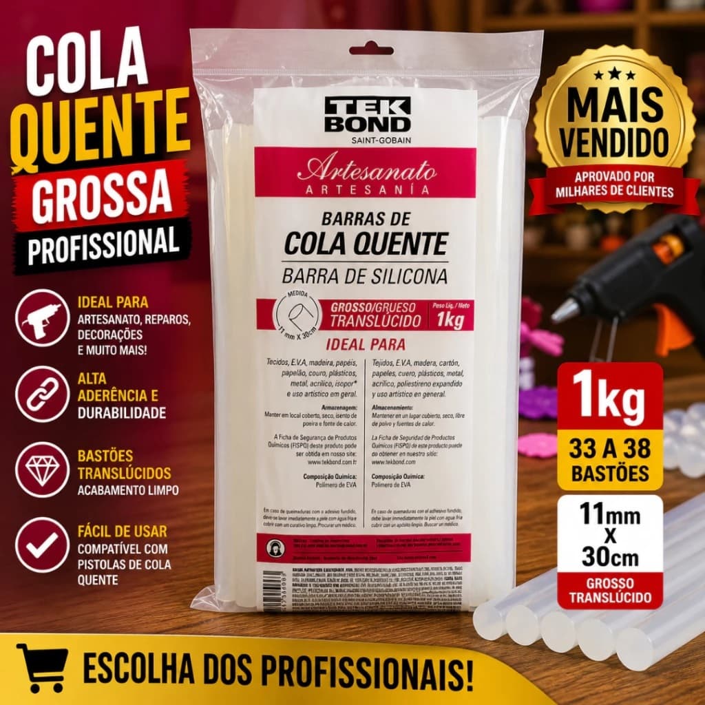 Bastão Cola Quente Grosso Tek Bond Translúcido 1kg Artesanato Profissional