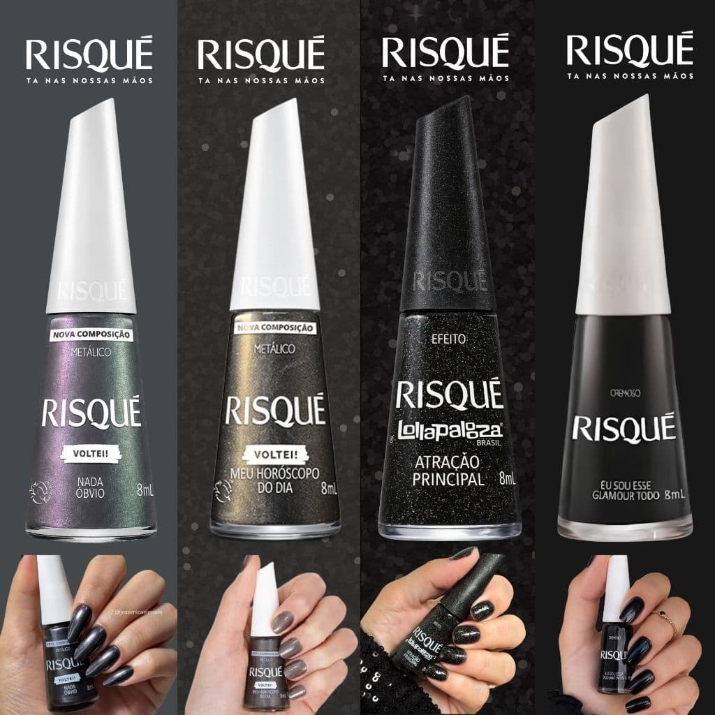 Kit 4 Esmaltes Risqué Preto Metálico Cinza Esmalte Atacado Nova Coleção Esmalte Gótico