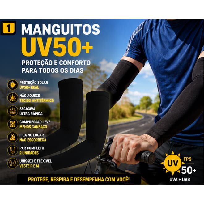 Manguito Solar UV50+ Par - Proteção Braço Ciclismo Corrida Moto - Compressão Unissex Poliéster PRETO