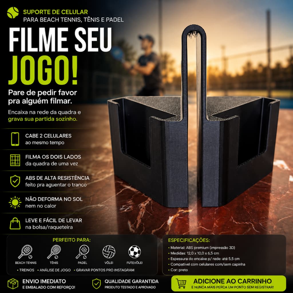 Suporte Celular para Rede Beach Tennis Tênis Padel Filma 2 Celulares Dois Lados da Quadra Grava Jogo