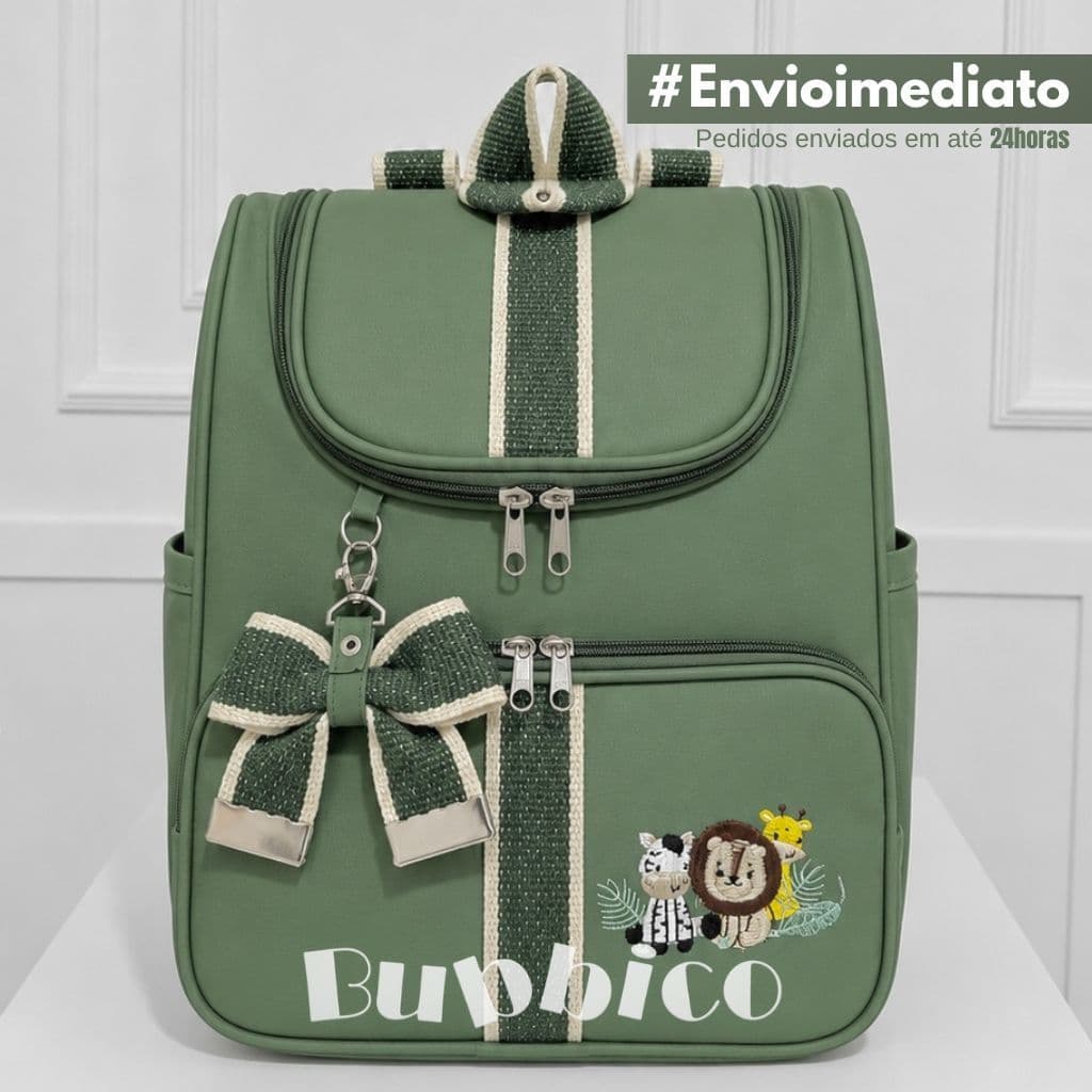 Mochila Maternidade Multiuso Bordado l Térmica I Impermeável com Faixa e Laço BUBBICO