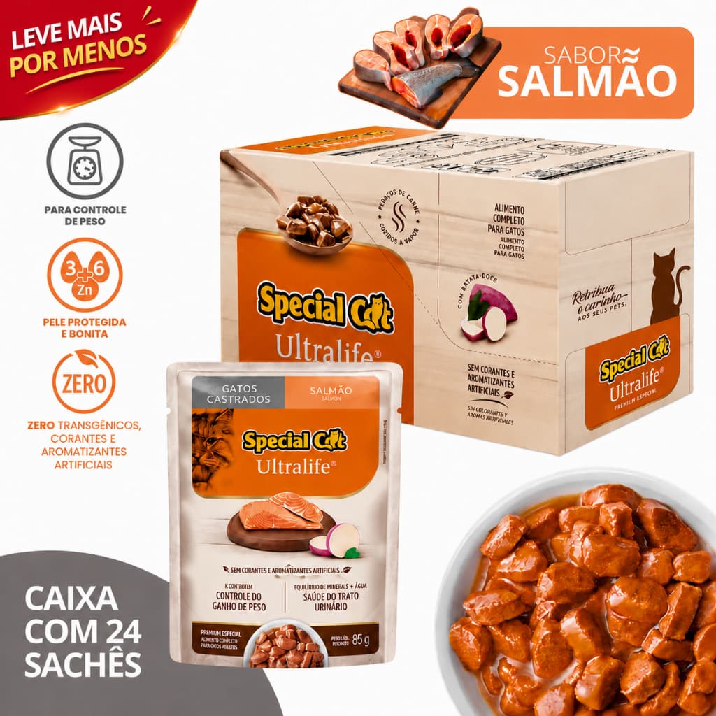 Kit Sachê 85g Ração Úmida Special Cat Para Gatos Adulto Castrado Sabor Salmao