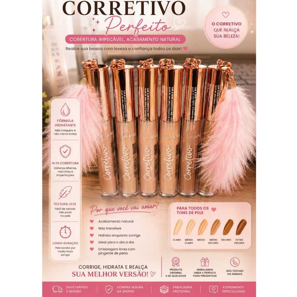 Corretivo Líq Lua & Neve 4ml  Pingente de Pluma  Alta Cobertura Acabamento Natural e Longa Duração