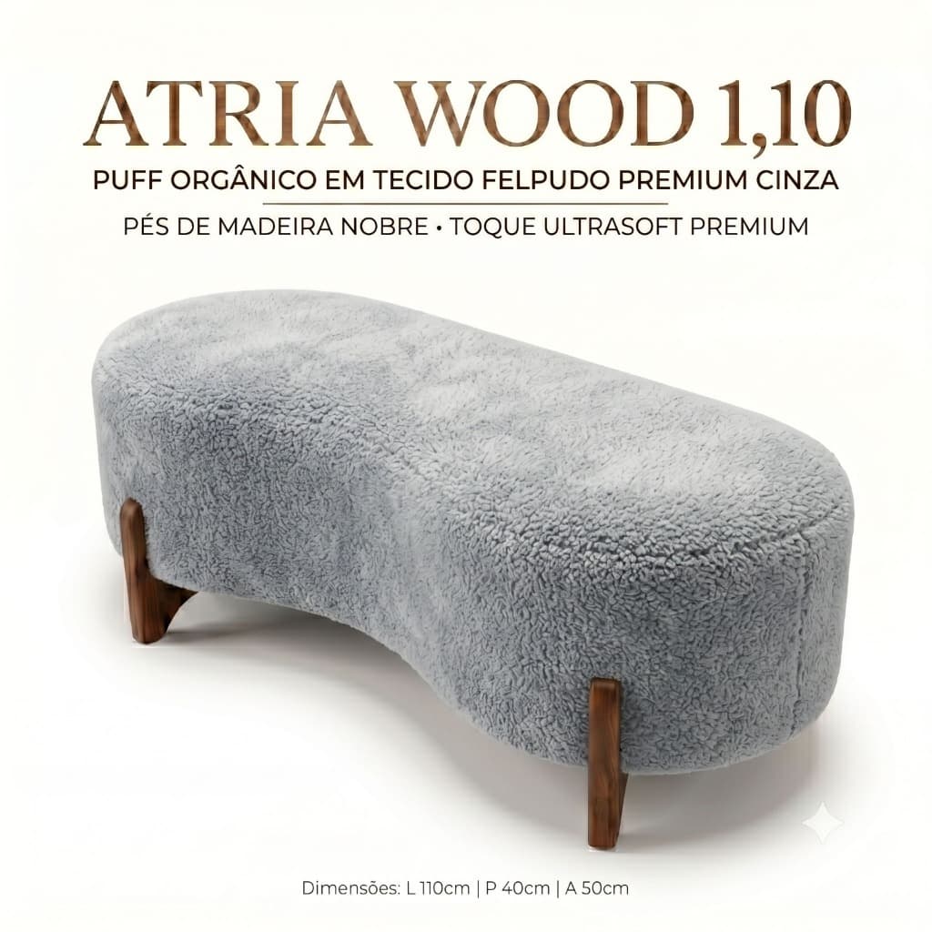 Puff Atria Wood 1,10m Bouclé Prata • Peça Decorativa Premium • Sofisticação e Design para Ambientes Modernos