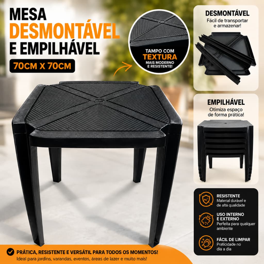 Mesa 70x70cm Plástica Desmontável — Durável, Leve e Prática para o Dia a Dia